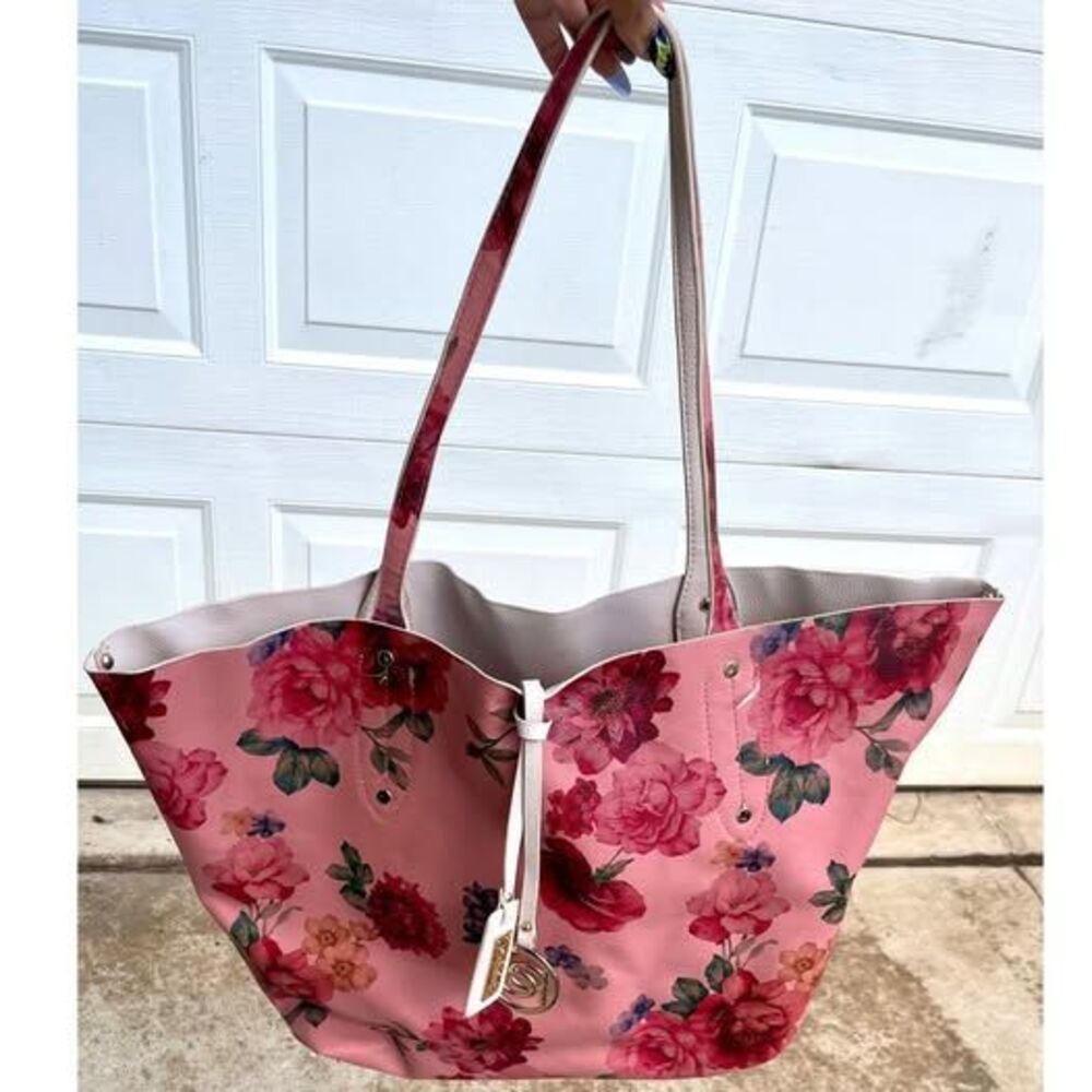 Bebe Reversible Floral Tote Bag Pink Vegan Leather Large Shoulder Purse